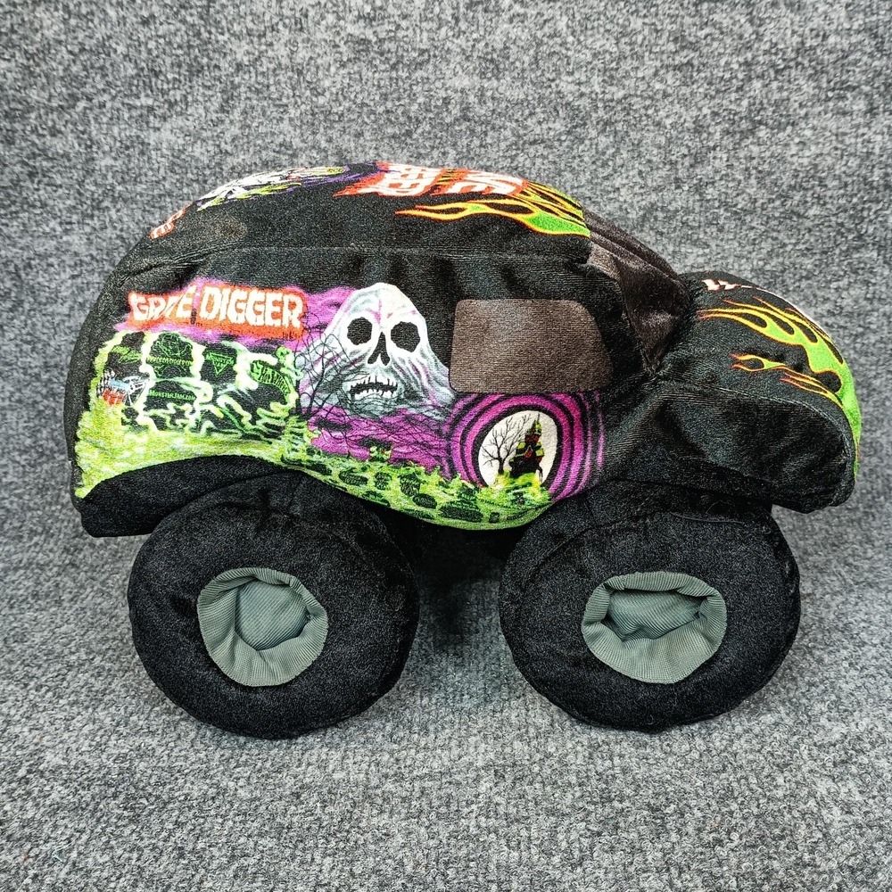 Grave Digger Monster Jam Plush Truck 10 Inch Black Green Flames
